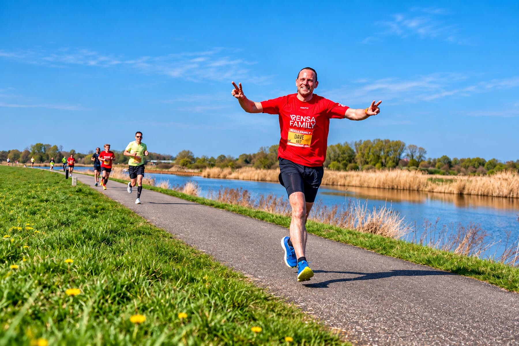 Vrolijke marathonloper aan het water